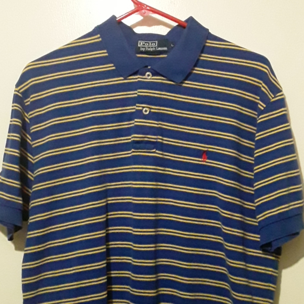 Blue and Yellow striped Polo shirt.
